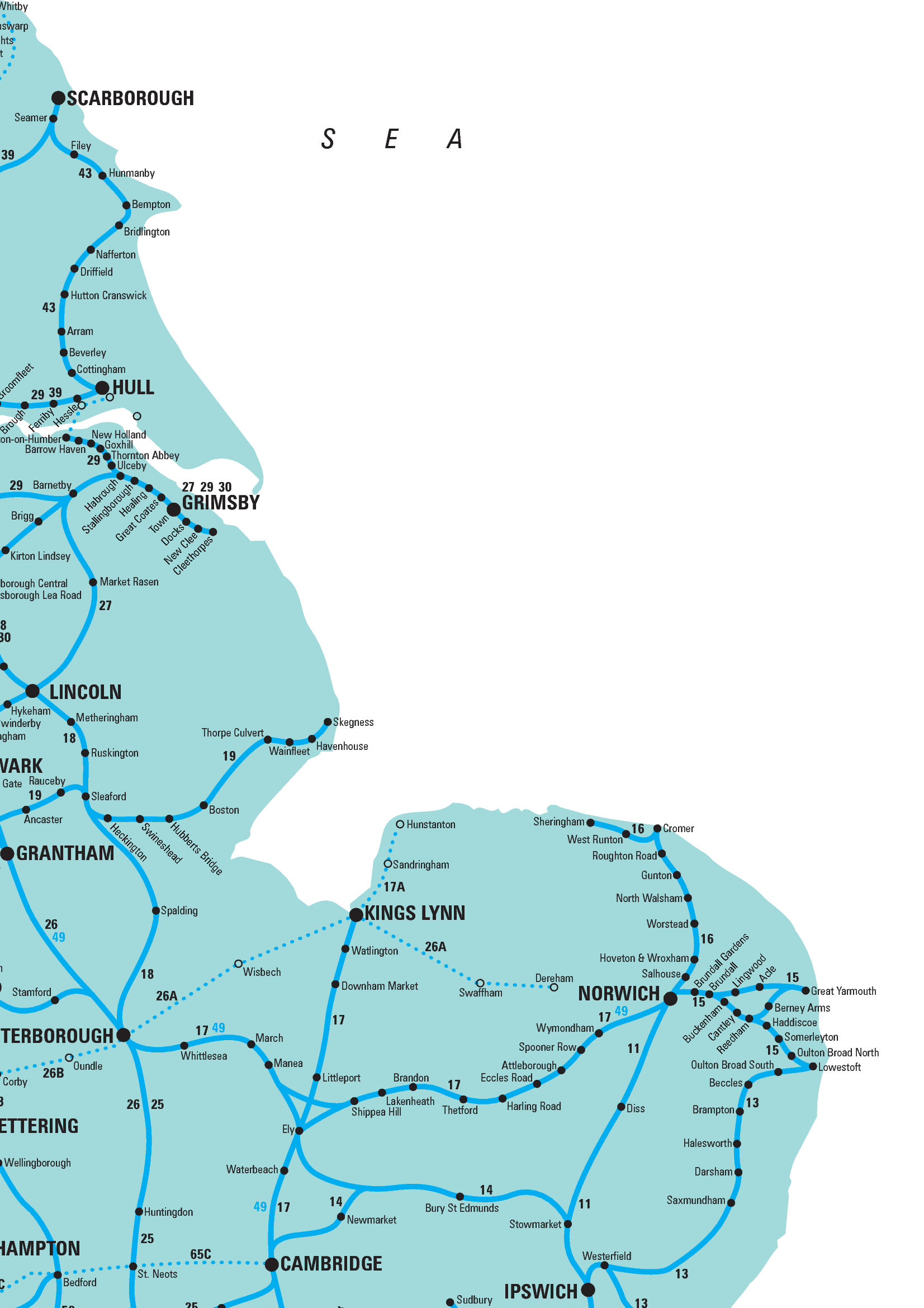 Rail map of East Anglia