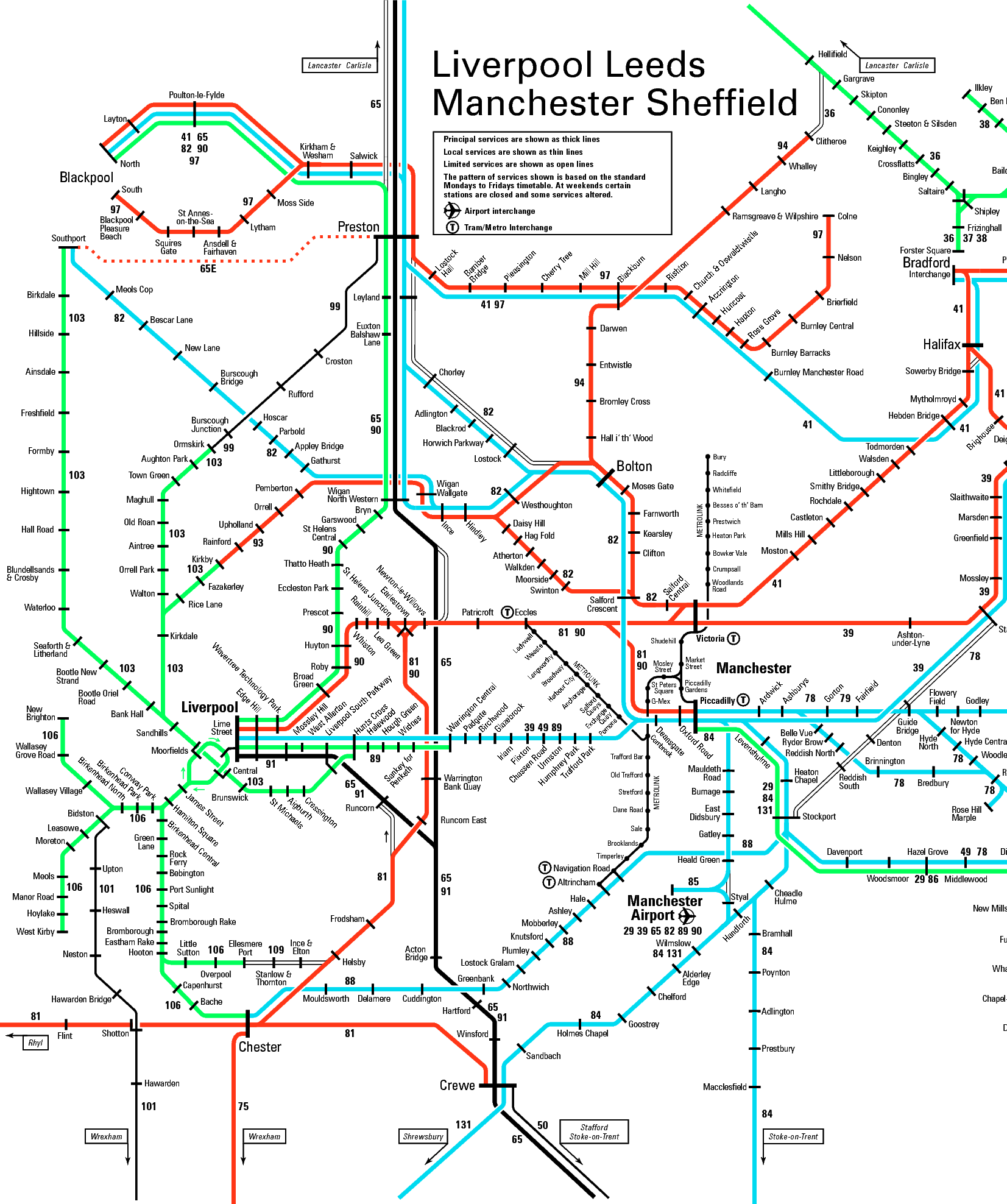 Rail map of Liverpool and Manchester